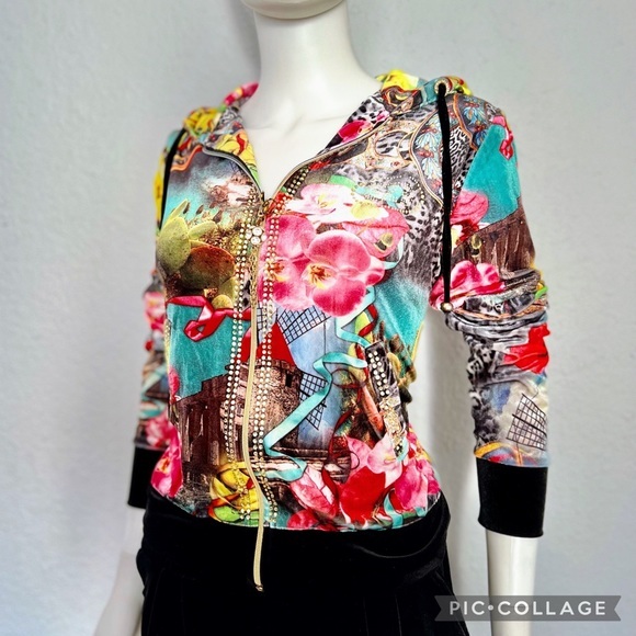WOMEN VELOUR TRACKSUIT 2P SET JACKET/BLACK PANTS LOUNGEWEAR FLORAL PRINT HOODED‎ - Picture 6 of 12